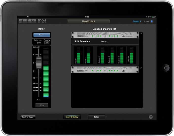 Group control Save or load an input preset Delay and polarity, tap to edit Level fader and quantity List of connected units with