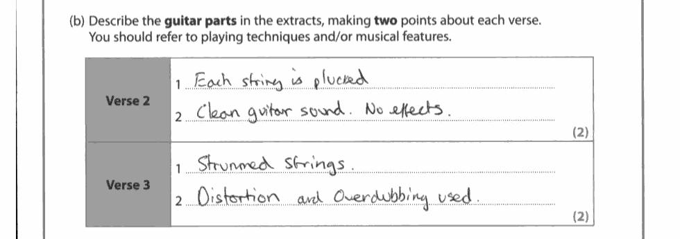 Question 6 (b) As this piece focuses heavily on guitars it was hoped that playing techniques would have been studied.