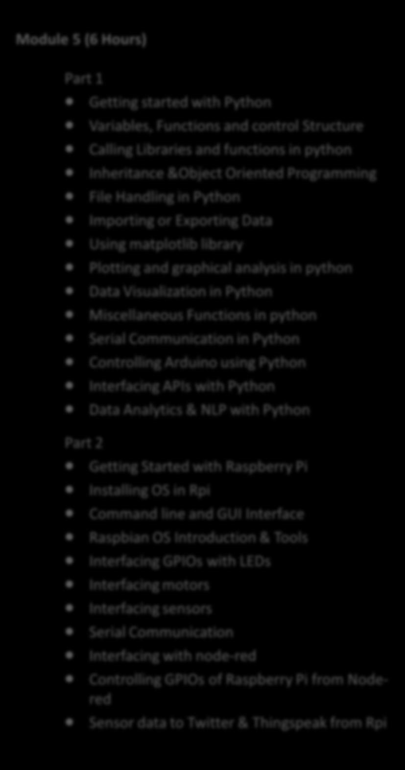 Module 5 (6 Hours) Getting started with Python Variables, Functions and control Structure Calling Libraries and functions in python Inheritance &Object Oriented Programming File Handling in Python