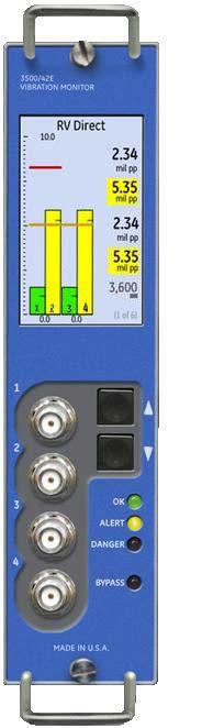 3500/42E Vibration Monitor Bently Nevada* Asset Condition Monitoring Description The 3500/42E Vibration Monitor is a 4-channel monitor that accepts input from proximity and seismic transducers,