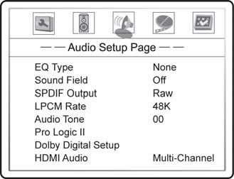 SETUP MENU OPTIONS Press the LEFT/RIGHT ARROW buttons to select the channel to be adjusted. Press the UP/DOWN ARROW buttons to raise or lower the volume of the selected channel.