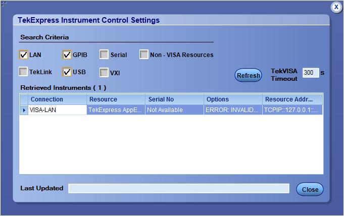TekExpress searches for connected instruments. 4. After searching, the dialog box lists the instrument-related details based on the search criteria.