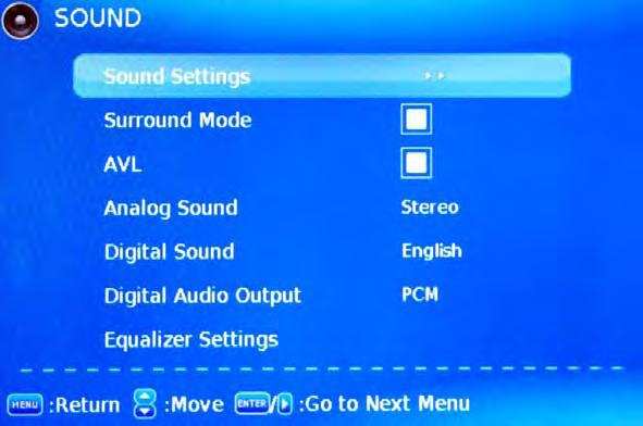 2. Sound menu Description Sound Settings: Press button to enter the Sound Settings menu. Sound Mode: Select your desired sound mode as follow: Dynamic, Standard, Soft and User.