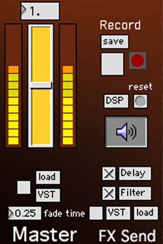 Master Mix Section Record Save Record check box DSP and Reset Speaker icon FX Send Delay on/off, Delay Filter on/off, Filter VST on/off, VST, load Master Mix VST on/off, load, VST fade time - Master