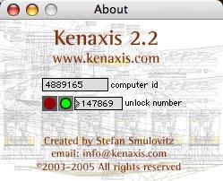 Other Kenaxis Menu Items - About Kenaxis This is the window you use to register Kenaxis. It is found on the far left under the Kenaxis Menu on a Mac and the far right under the Help menu on a PC.