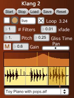 The Klang Start, Stop, Load, Save, and Reset buttons Recording options, Loop, Loop Width # of Filters, xfade Time Pitch, Glissando Time Mute, Gain, Pan Filter Control Waveform Display Playback