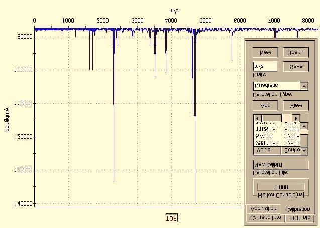 FASTFLIGHT 2 Digital Signal Averager Fig. 51. Calibrated TOF Spectrum with Calibration Displayed on Utility Bar. 8.2.4.