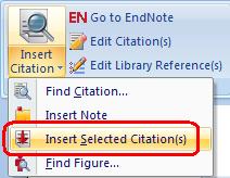 1.2.3 Insert Selected Citation(s) This command will insert the references you selected in EndNote into your document at the location of the Word cursor. 1.2.4 Format Bibliography This command will allow you to change the EndNote style used for your document.