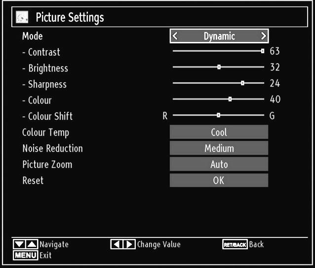 Use or button to set an item. Press M button to exit. Picture Settings Menu Items Mode: For your viewing requirements, you can set the related mode option.