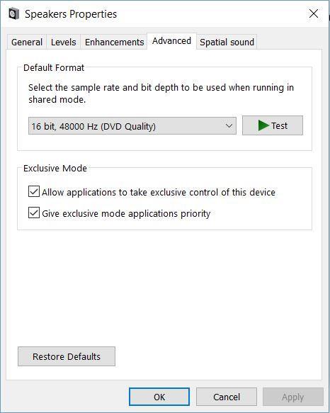 The devices need to be configured as shown, with Realtek High Definition Audio set as Default Device, and USB AUDIO