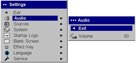 Settings menu Audio: allows adjustments to Volume of the internal speaker. Adjustments can also be made from the projector s keypad.