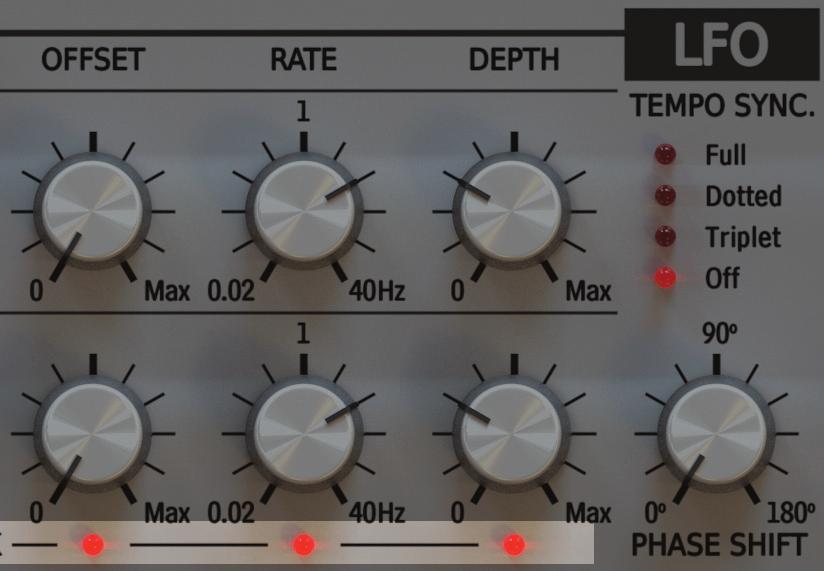 With this setting it does not matter whether the LFO parameters are controlled by the knobs situated in the top row or in the bottom row (for Left or Right panel), since the