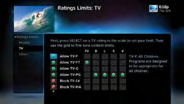 RATINGS LIMITS PARENTAL CONTROLS Set rating limits for Movies, TV and Other (unrated) shows. From the left menu, select Rating Limits then select either Movies, TV or Other.
