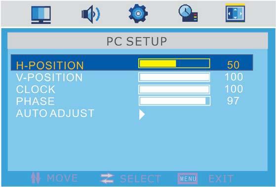 Menu Settings (continued) Use the and buttons to select the PC SETUP menu (as the picture above), press button to enter the menu.