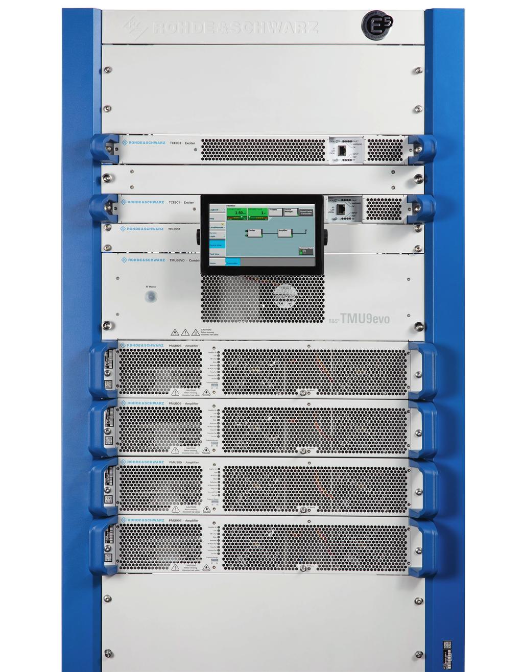 Network operators benefit highly from low operating costs throughout the product s lifecycle. The air-cooled R&S TMU9evo UHF medium-power transmitter has output power levels from 400 W to 3.