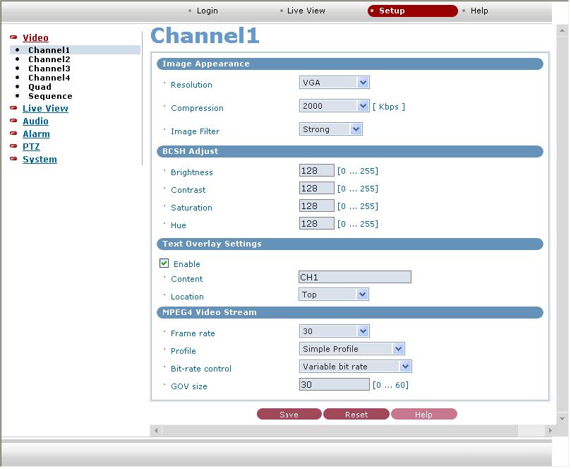3.3 NETWORK VIDEO SERVER Setting The Network Video Server setting is divided into video, audio, alarm, PTZ and system settings. And the detailed screen will be provided for each setting. 3.3.1 Video Setting For image settings, there are 6 divisions: Channel1, Channel2, Channel3, Channel4, Quad, and Sequence Channel Setting Setting method for Channel1 to Channel 4 are the same.