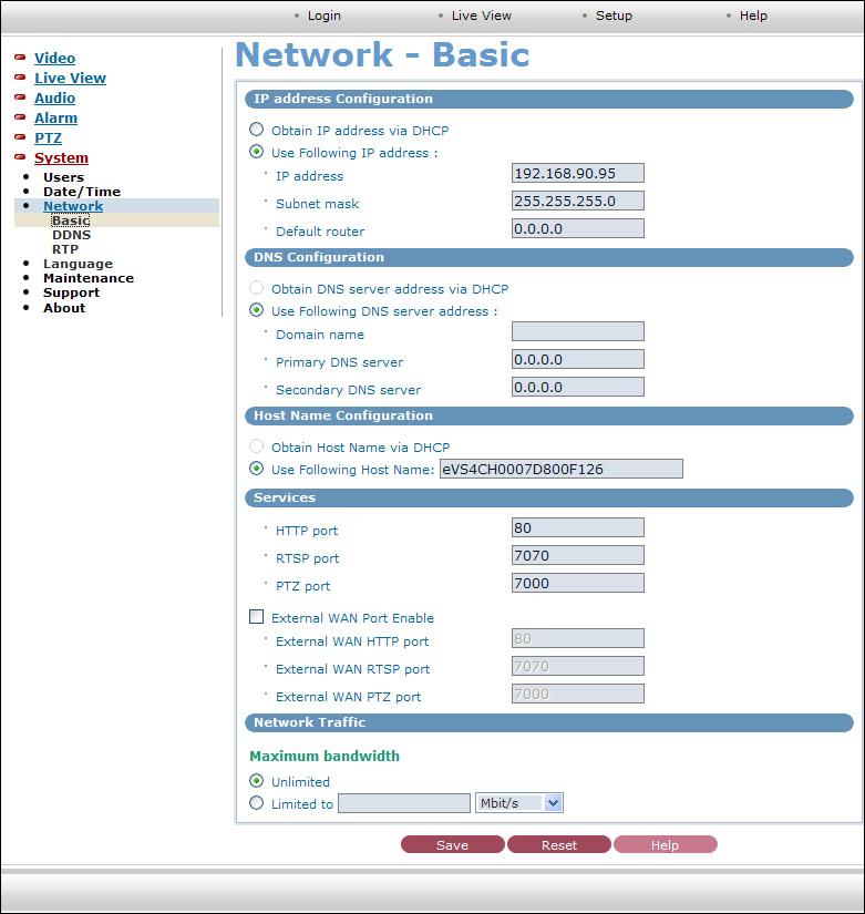 Network Setting Setting in regard to network can be executed. Settings for IP, DNS, Host Name, Port, and Network traffic can be established, along with setting for DDNS and RTP.