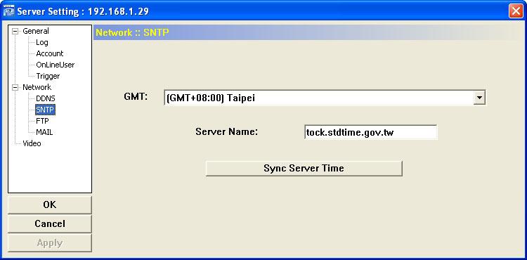 VIDEO VIEWER MISCELLANEOUS CONTROL PANEL SNTP SNTP (Simple Network Time Protocol) is for time setting. Click (Miscellaneous Control) (Server Setting) Network SNTP to go into the SNTP page.