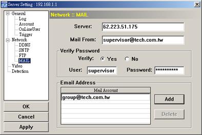 AP MISCELLANEOUS CONTROL PANEL MAIL ( 郵件管理 ) 按 (Miscellaneous Control) (Server Setting) Network ( 網路設定 ) MAIL ( 郵件管理 ) 進入 MAIL ( 郵件管理 ) 頁面 輸入詳細的電子郵件資訊, 然後按 Apply ( 套用 ) 確認 在 "Trigger" ( 觸發 )