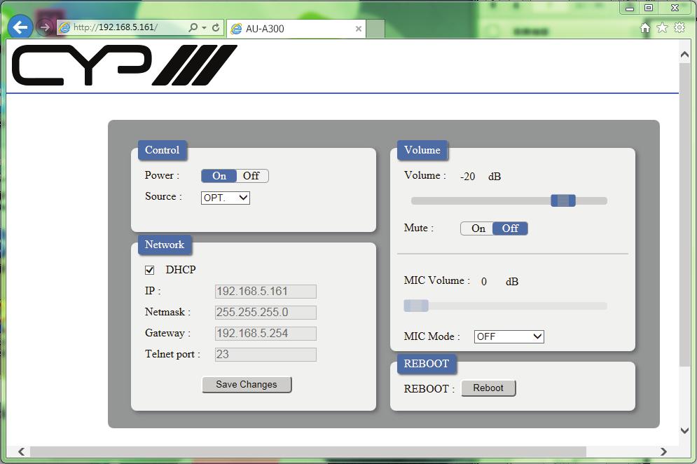 6.8 Web GUI Control On a PC/Laptop that is connected to the same active network as the Integrated Zone Amplifier, open a