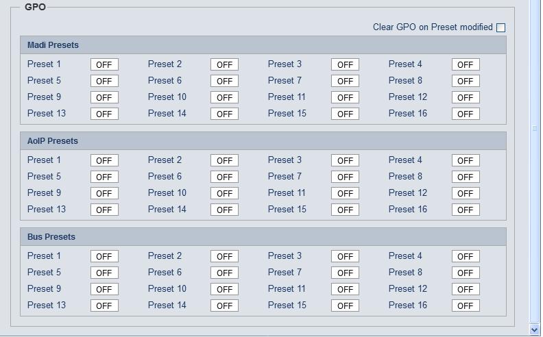 GPOs (Tallies) may signal the status of a module for GPI driven devices like legacy equipment monitoring systems. The c8k frame can handle 127 different virtual (system) GPO numbers.