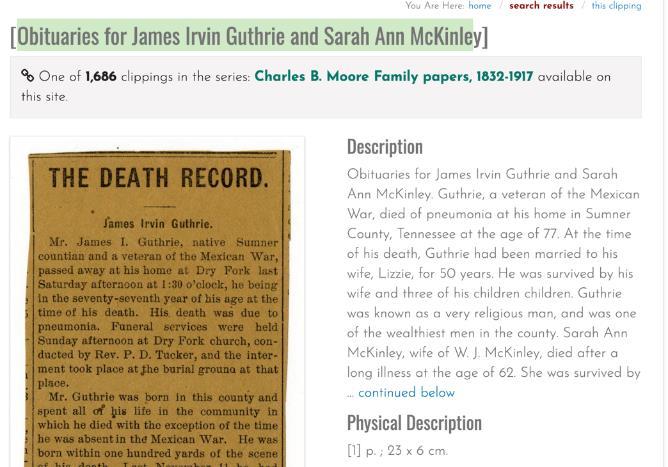 45 PORTAL TO TEXAS HISTORY Obit for James Gutherie from Sumner county Tennessee Appeared in collection of