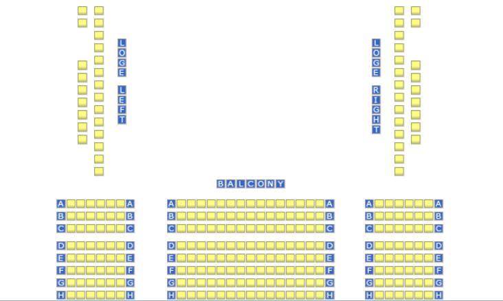 There is also no Seat H1 or H2 on the Balcony Level. Because the folding chairs that we use there are wider than the auditorium chairs, there is no room for an additional seat on these rows.