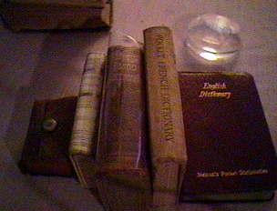 A Little Webster's Dictionary, an English Italian Dictionary, Nuttal's Bijou Dictionary, a Services Pocket Fench Dictionary (Active Service Edition), and the E.F.G. Pocket Dictionary.