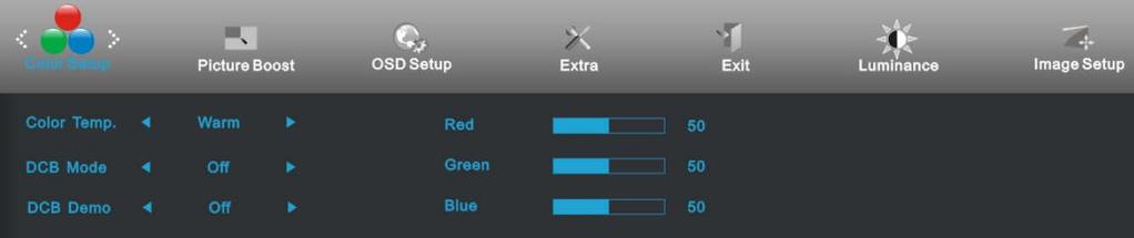Color Setup 1 Press (Menu) to display menu. 2 Press < or > to select (Color Setup), and press to enter. 3 Press < or > to select submenu, and press to enter. 4 Press < or > to adjust. 5 Press to exit.
