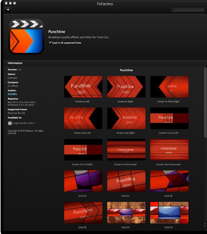 What is SUGARfx Punchline Punchline is a collection of 32 Titles and Transition elements that have been designed specifically for Final Cut Pro X users with customizing options and a variety of