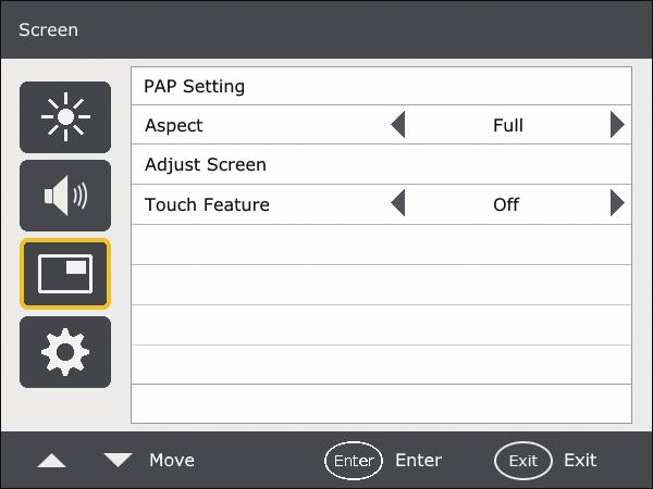 4. The On-Screen Display Menu Screen Menu PAP Setting (Picture and Picture) PAP Turns on or off the PIP (Picture in Picture) and PBP (Picture by Picture) functions.