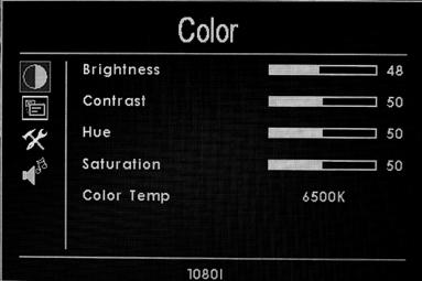 (Color) Enter into "Color" OSD, press or button to confirm, then enter to adjust the color parameters, use or to select adjustment item, then use or adjust the parameters Brightness: To adjust the
