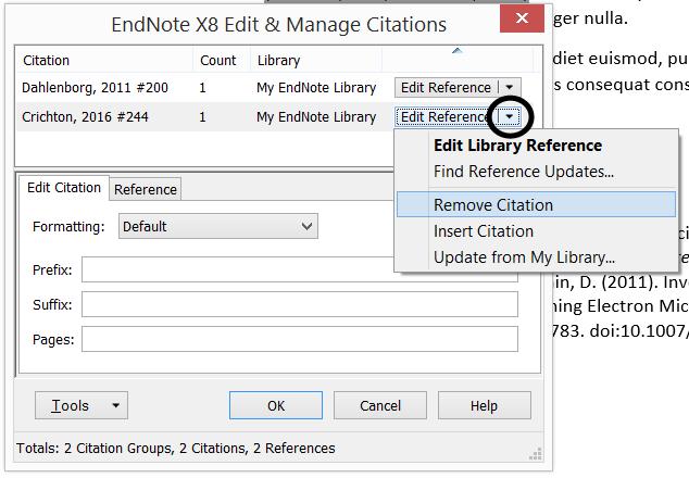 Deleting an in-text citation Sometimes you want to remove an existing citation e.g. the wrong citation was accidentally inserted, or it was incorrectly placed.