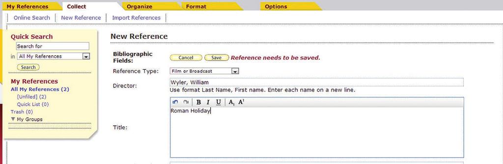 MANUAL ENTRY To enter a reference manually: Click New Reference under the Collect tab.