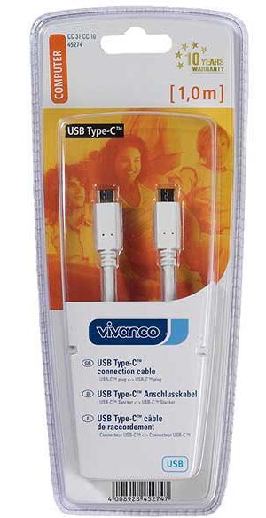 USB 3.1 Type C Vivanco USB 3.1 Type C connection cable with E-Marker chip The USB type C connectors allow higher transfer rates and higher charging currents.
