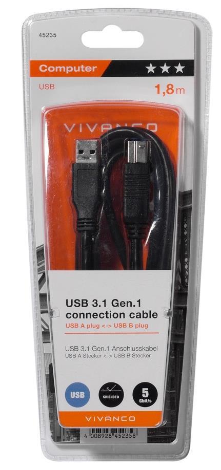 USB 3.1 Gen.1 Vivanco USB 3.1 Gen.1 connection cable USB 3.1 type A <-> USB 3.1 type B to connect PCs / laptops with USB 3.1 peripheral devices e.g. printers, scanners etc. USB 3.1 type A plug <-> USB 3.