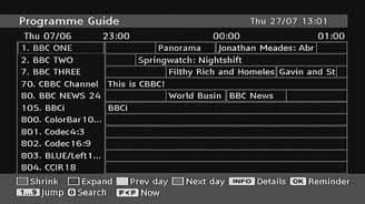 Electronic Programme Guide (EPG) Some, but not all, channels send information about the current and next events. Press GUIDE button to view the EPG menu. EPG appears on the screen.