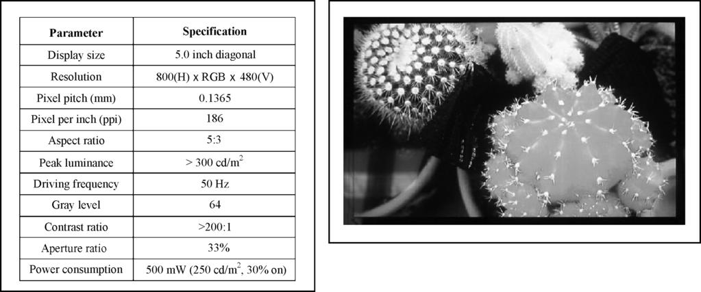 394 MOBILE DISPLAYS: TECHNOLOGYAND APPLICATIONS Figure 14.7 The specification and picture of the 5" WVGA AMOLED demonstrated by Samsung SDI.