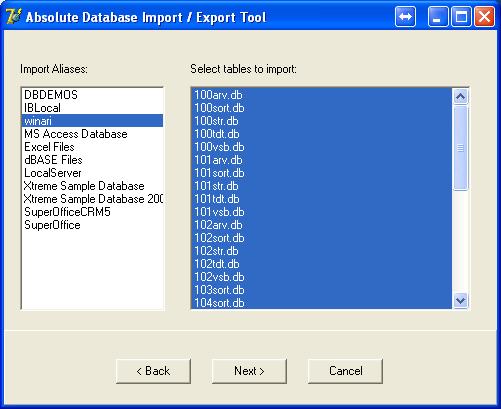 Choose winari as import aliases and select all tables to