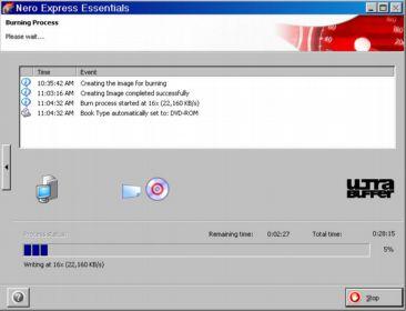 The Nero Express Essentials dialog box will continue to monitor the copy progress. The total time for copying will vary with the length of the original program.