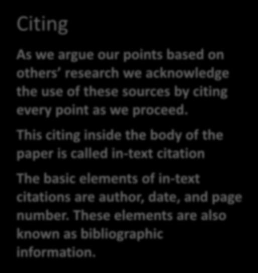 Citing & Referencing Citing As we argue our points based on others research we acknowledge the use of these sources by citing every point as we proceed.
