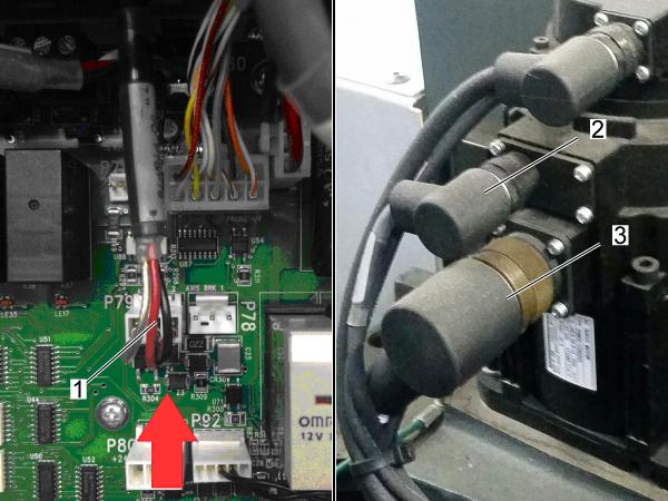 Motor Brake Corrective Action: Reseat the the connection for connectors P79 or P78 [1] on the I/O PCB. Measure the voltage across the red and black cables. Press [EMERGENCY STOP].