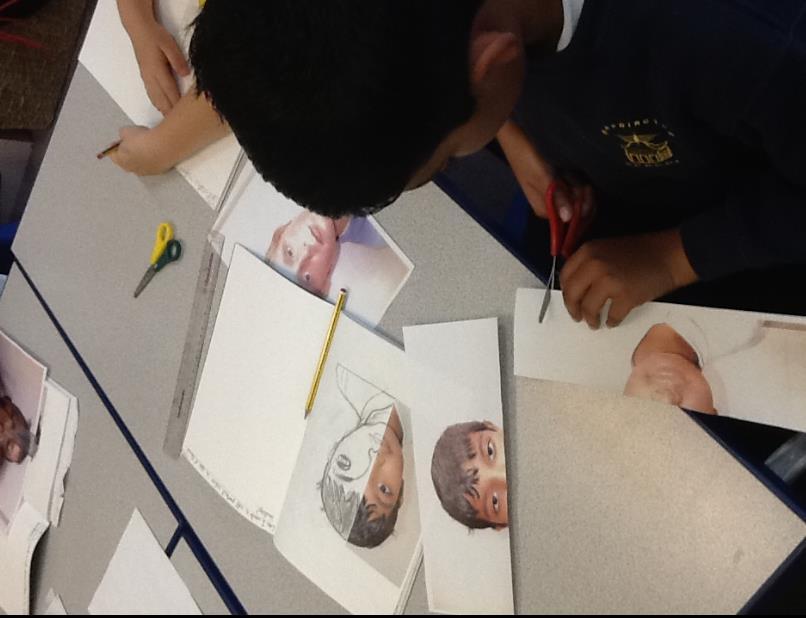 The children used photographs of themselves to create a distorted collage of their faces.