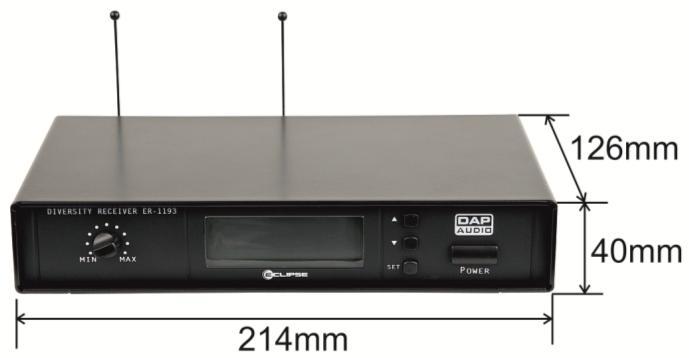 Product Specification Model: DAP Audio ER-1193B Operation Voltage: 12-18 VDC, 200 ma Dimensions: 211 x 152 x 40mm (LxWxH) Weight: 1,08 Kg Frequency Preparation: PLL Synthesized Control Carrier