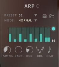 ARPEGGIATOR The ARP section lets you create, save and load your own arpeggios, rhythmic patterns and step sequences. To turn it on, click the radio button next to the ARP label.