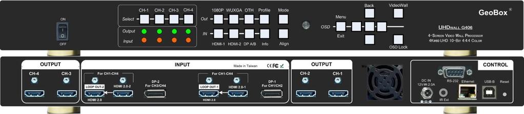 G406 Quad channel controller GeoBox G406 is new generation DCi/UHD 60fps four screens video wall controller to allow great freedom in creating any scale video wall with multiple contents and