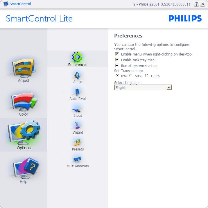 Enable Context Menu on desktop is checked (On) by default. Enable Context menu displays SmartControl Lite selections for Select Preset and Tune Display in the desktop right-click context menu.