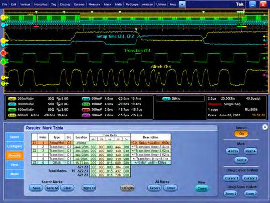 Digital and Mixed Signal Oscilloscopes DPO/DSA/MSO70000C and D Series Advanced Search and Mark Highlights important events, and provides convenient previous and next buttons and mouse clicks to