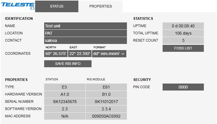 5.4.2018 19(20) Properties viewer page Figure 8. The Properties page The Properties page displays unit identification and statistics data.