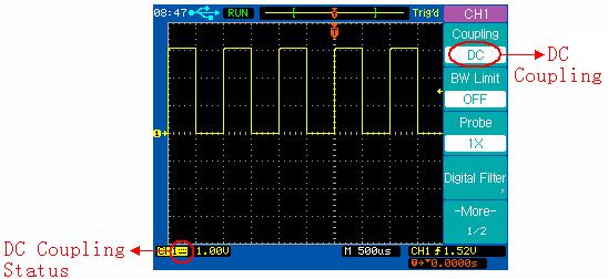 Press the channel key CH1, then press the Coupling softkey to select DC coupling mode.